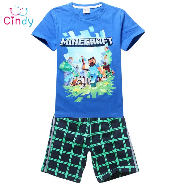 New 2015 brand cartoon children clothing set plaid kids shorts t shirts 2pcs boys sport suit