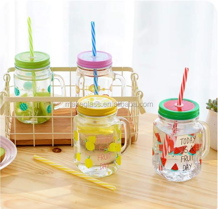 Fruit Juice Glass Mason Jar with Handle Mason Mug From Zibo Supplier