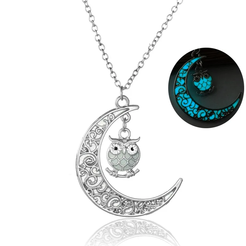 1PC Magic Luminous Steampunk Moon Owl Pendant Glowing In The Dark Necklace