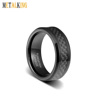 8mm Mens Wedding Band Black Carbon Fiber Inlay Beveled Polished Edge Tungsten Ring