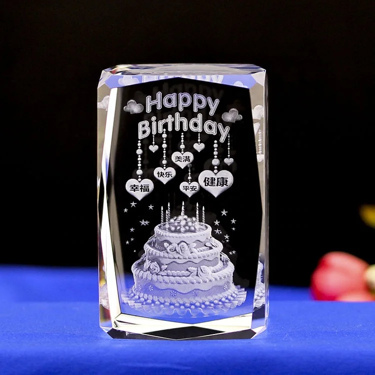 Hot Sale Happy Birthday Gifts Cake Customize 3d Laser Glass Cube