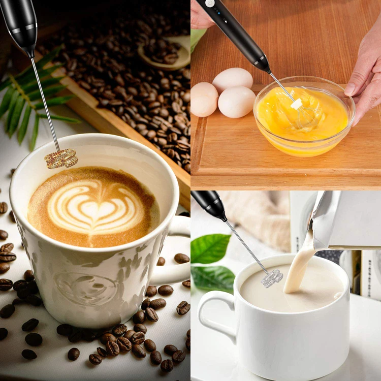 Electric milk frother handheld drink mixer for smooth creamy coffee, lattes, cappuccino and more durable stainless steel.