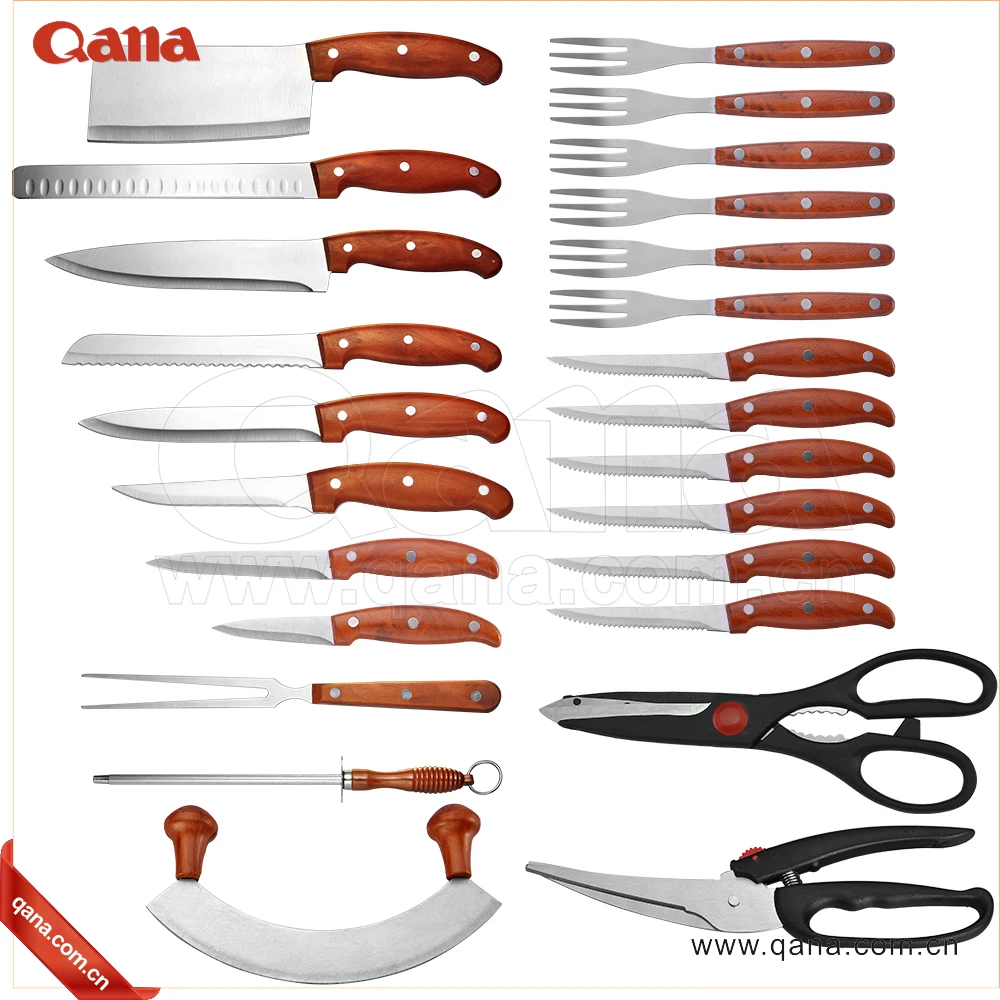 QANA Factory Wholesale OEM 25pcs Multifunctional Royalty Line Kitchen Knife  Set with Leather case Damascus Chef Knife