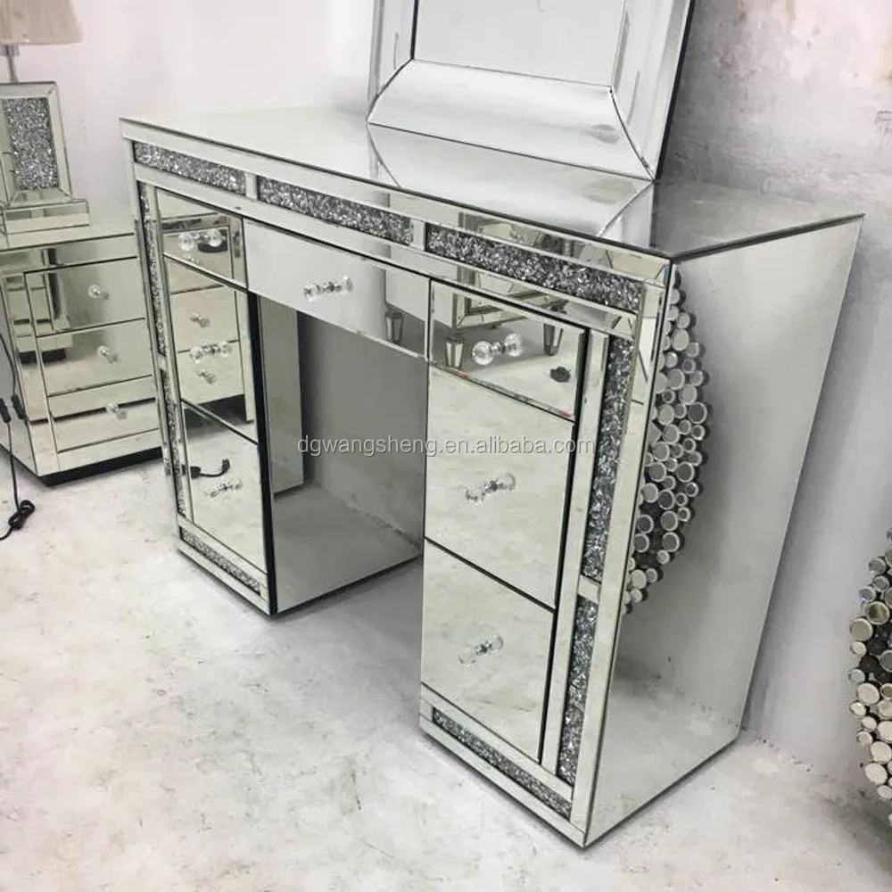 Sparkle Crystal Diamond Trim Large Mirrored Glass 7 Drawer Dressing Table Desk