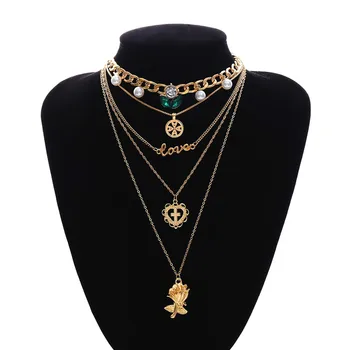 Wholesale Women Custom Fashion Necklaces Jewelry Long Initial Flower Cross Multilayered Gold Pearl Necklace