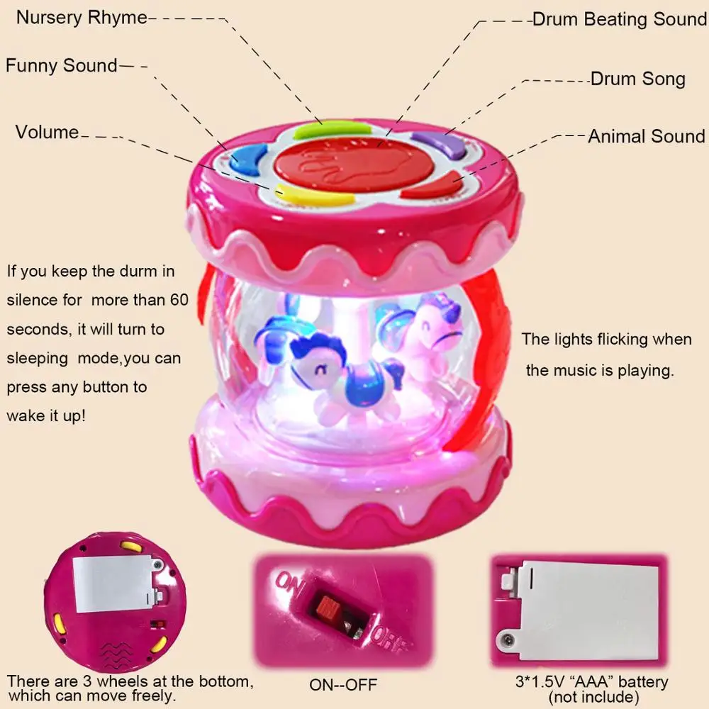 
Детская музыкальная игрушка карусель Музыкальный барабан, центр активности с подсветкой, звуками и музыкой, Ранние развивающие игрушки для младенцев и ясельного возраста 