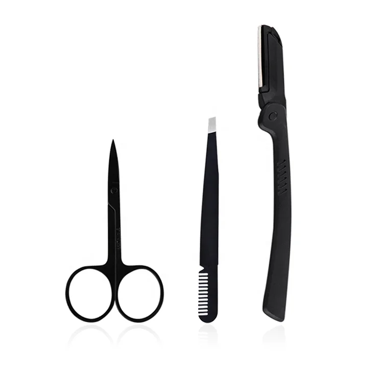 Set of 3 Black Beauty Makeup Scissor Razor Tweezers Eyebrow Shaping Essentials