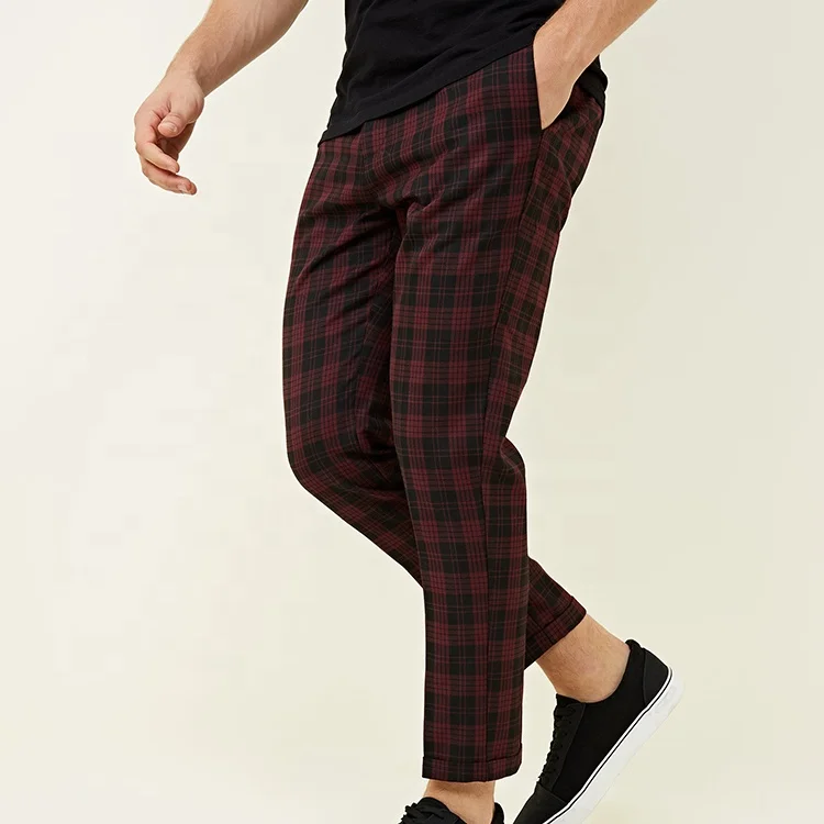 mens burgundy tartan trousers