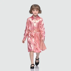 Casual Satin Button-Down Dresses for Girls Fashionable Shiny Color Comfortable Kids Wear for Spring Season