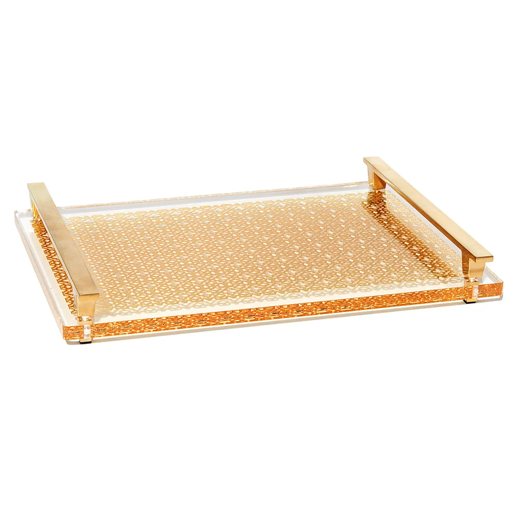Акриловый сервировочный поднос высококлассный филигранный из плексигласа яркой латуни с металлическими ручками настольный лоток для кофейных закусок люцита