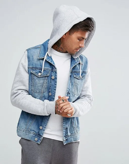 KY Cotton Spread Collar Button Placket Wholesale Denim Jacket Men With Jersey Sleeves Hood