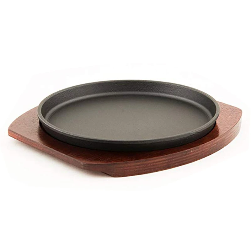 Cabilock Sizzling Steak Plate with Wooden Base Cast Iron Griddle Fajita Skillet Server Plate Home or Restaurant Use