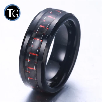 Tungsten carbide black red carbon fiber inlay ring beveled ege with IP black plating