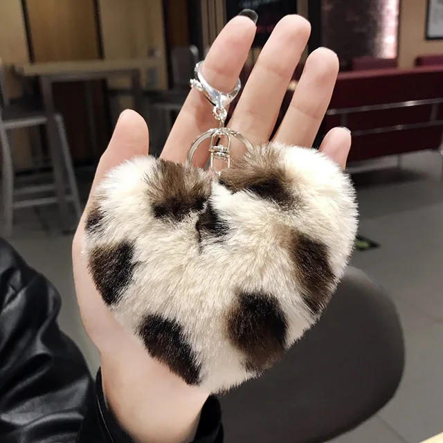 Fluffy Leopard Print Heart Keychain Pompom Rabbit Fur Ball Key Chains Car Bag Keyring