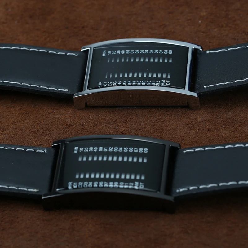 Unique Bridge Rectangle Shape Binary Led Watches Men Fashion Blue Light Display Leather Luxury Sports Digital Watch Relojes Hot
