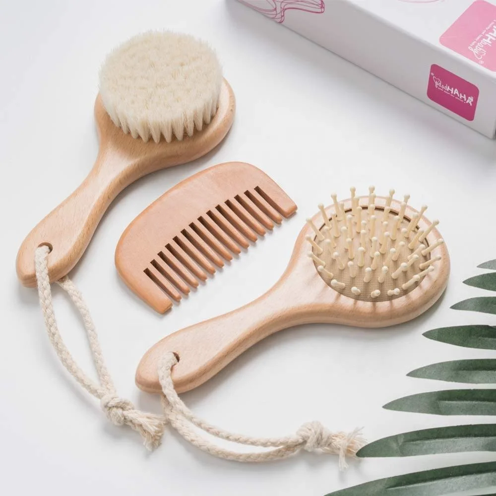 Amazon natural wooden hair brush and comb set  soft baby for hair wood with natural 100 % goat with 