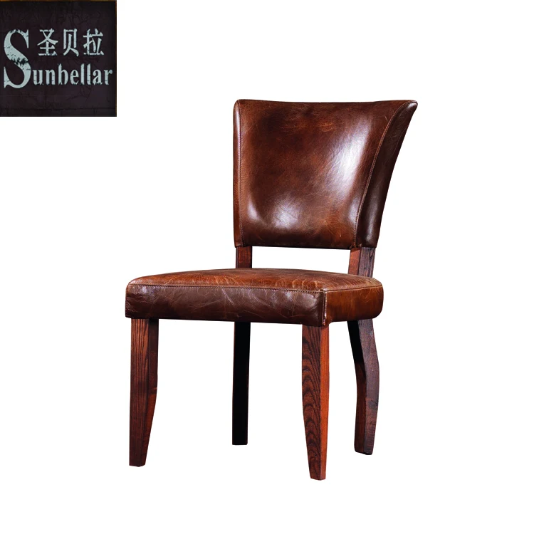 Wholesale Vintage Genuine Leather Distressed Brown Wooden Dining Chair Antique Brown Leather Chairs for Dining Room