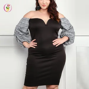 Fancy Touch Plus Size Plaid Sweetheart Dress V Neckline Bodycon off Shoulder Mini Dress for Fat Women