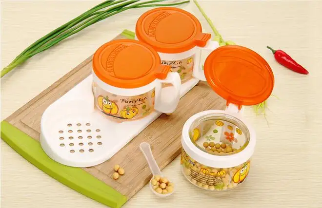 Factory cheap 3 in 1 seasoning jar spice salt pepper container glass condiment box set with spoon