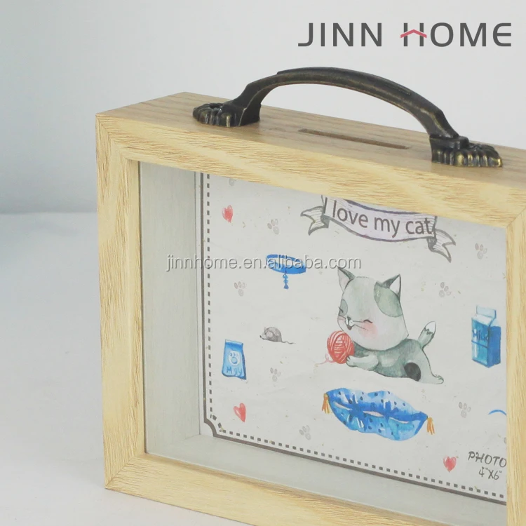 Shadow Money Box for Saving Coin Decorative Piggy Bank Box Rustic Wooden with Metal Handle for Audit or Kids Gift