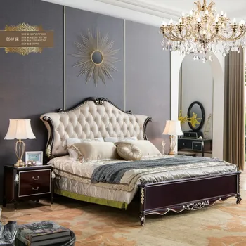 Bed Frame White and Gold Bedroom Furniture, Strong Wooden Home Furniture Antique FOSHAN Solid Wood Tufted Haoyu 180*200 CN;GUA