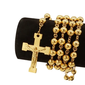 Wholesale Fashion 18k Gold Plated Stainless Steel Jesus Cross Pendant Chain Jewelry Rosary Beads Necklaces