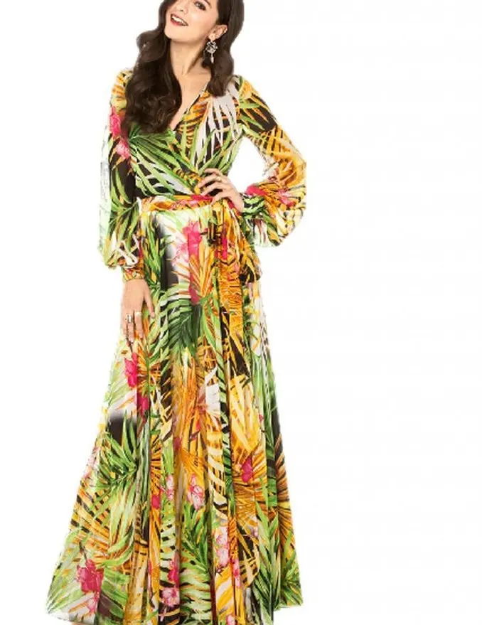 Wish New Come Women Long Sleeve Printed Dress Puff Sleeve Floral  Tropical Maxi Dress - Main Image