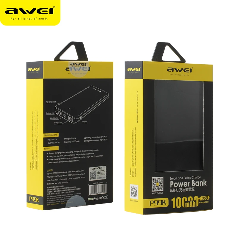 Factory ODM OEM Service 10000mAh Power Bank Awei P51K Portable 2 USB Power Bank Fast Charging
