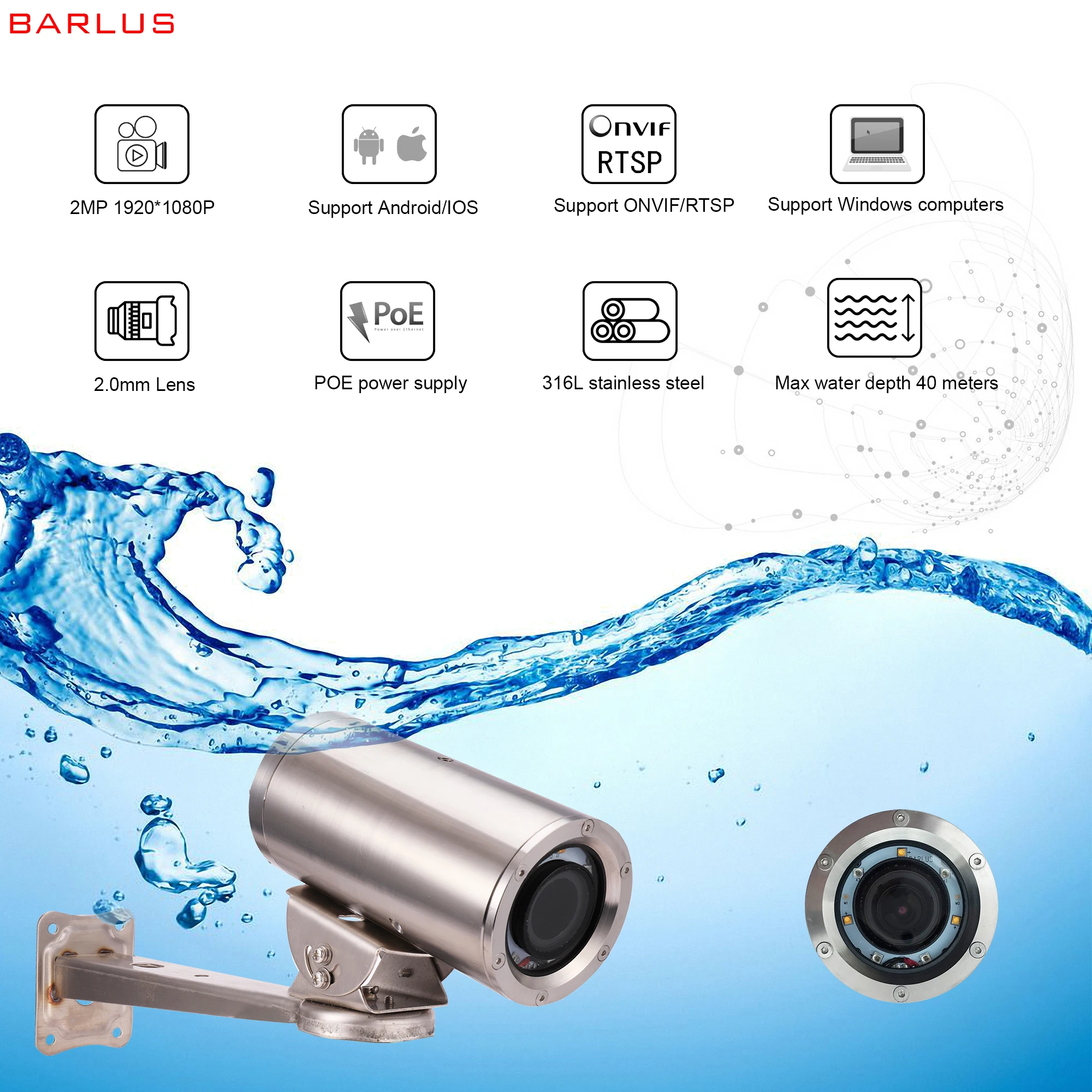 BARLUS 1080P Underwater POE IP Camera Fish Finder with 2.0mm Lens and 5M cable 