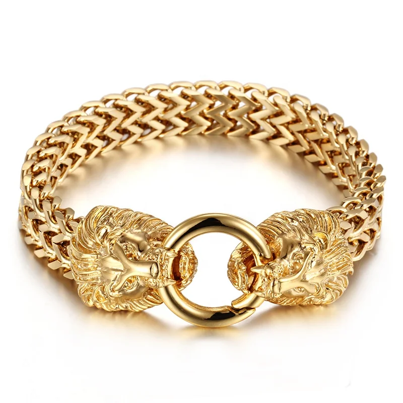 Punk Style Goldr Color 316L Stainless Steel Lion Head Bracelet Chain Male Jewelry