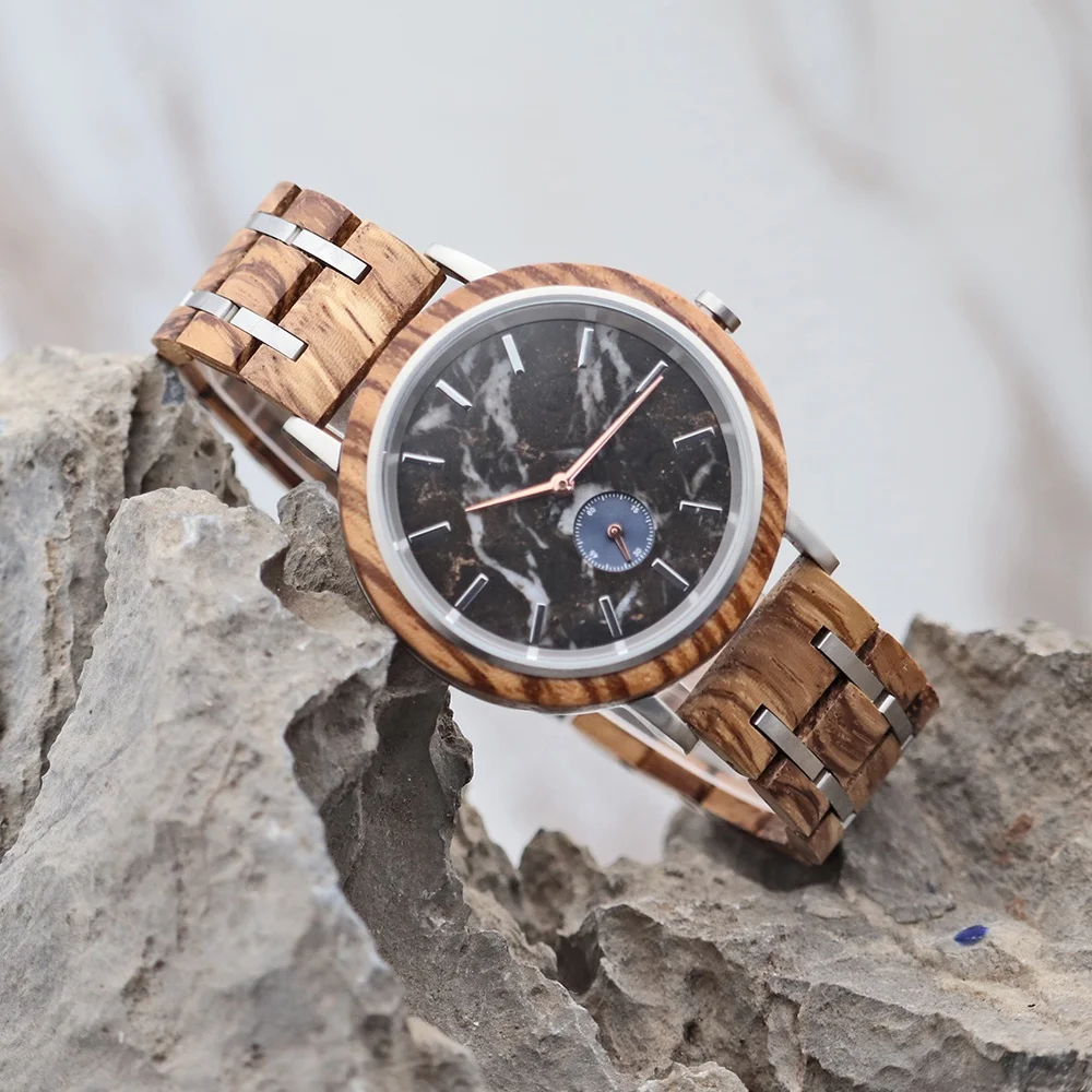 China Stylish Zebrano Custom ized Holzuhr Marmor Herren Gem Dial