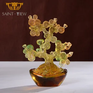 Feng Shui Lucky Fortune Craft Liuli Crystal Chinese Home Decoration Flower Carved Crystal Figurine Fengshui Money Tree