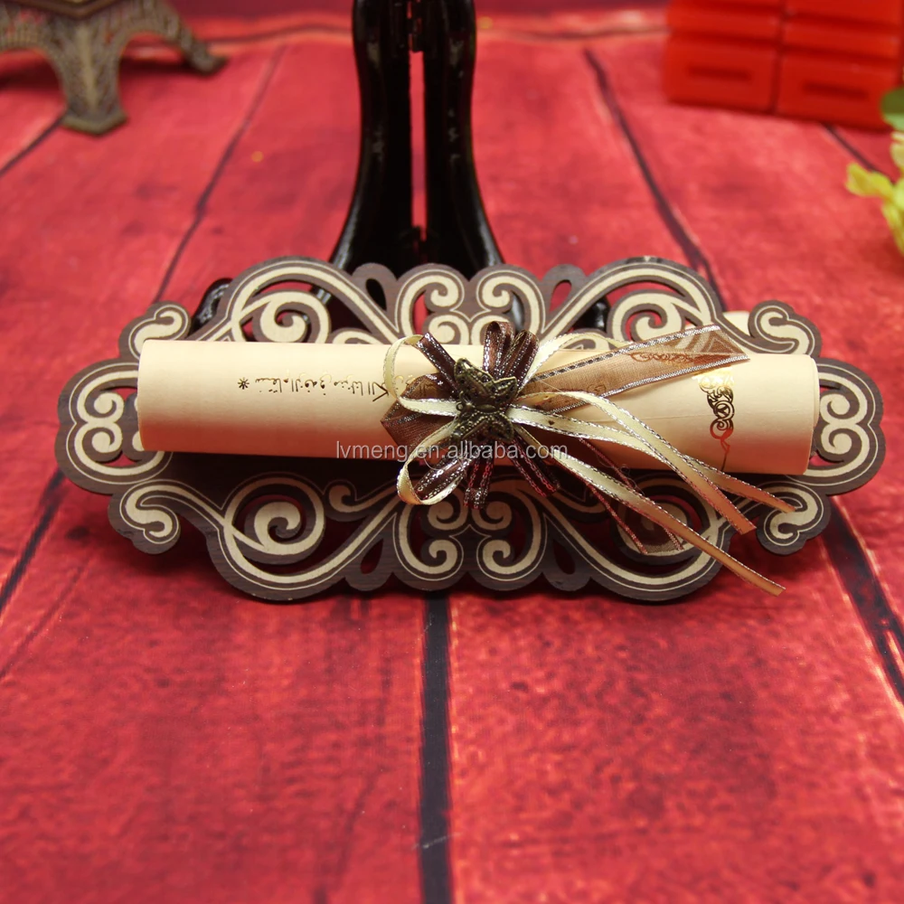 Yiwu Factory Wooden Scroll Wedding Invitations with Metal butterfly and Ribbon Bow