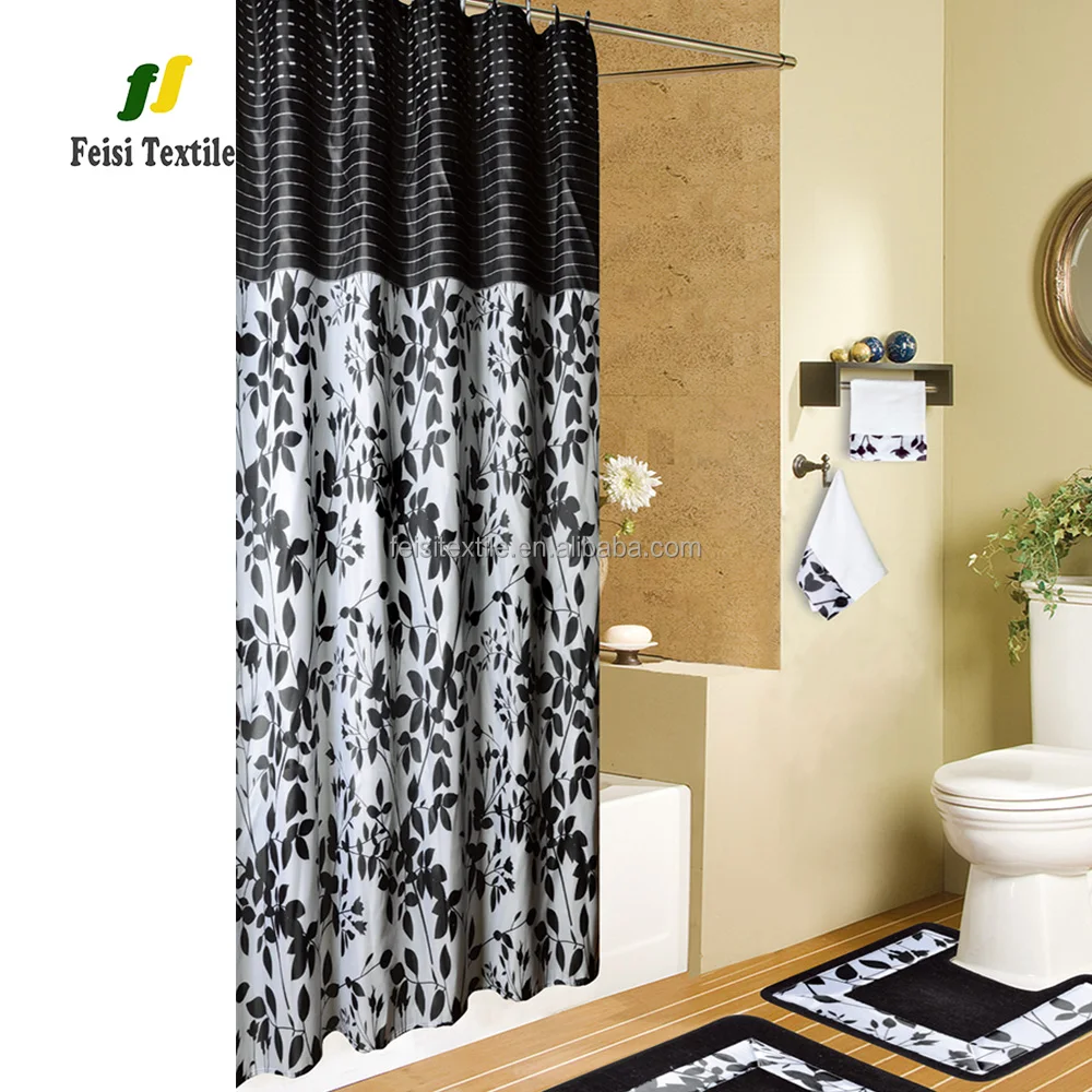 Black White Plant Leaf Leaves Horizontal Stripe Top Shower Curtain For Round Rod Buy Leaf Shower Curtain Horiztontal Stripe Round Shower Curtain Rod Product On Alibaba Com