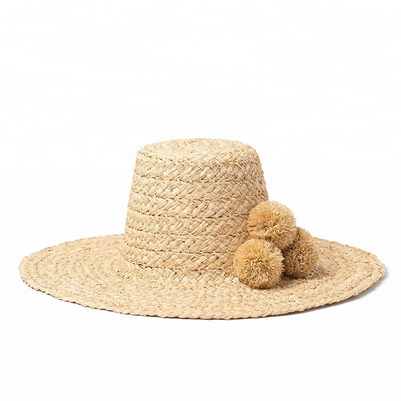 High End Custom Design Women Raffia Straw Hat With Pom Pom Ball