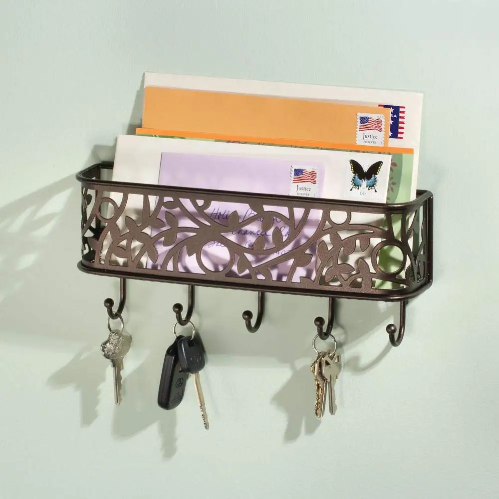 Wall Mount Entryway Storage Organizer Bronze Mail Sorter Basket Key
