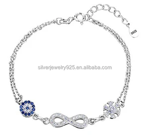 XH 925 Sterling Silver CZ BLUE Eye Figure 8 Infinity Snowflake Flower Link Bracelet Clear