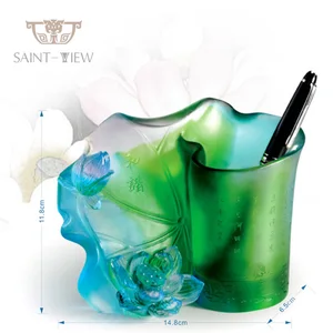 Hot Selling Liuli Factory Wholesales Lotus Leaf Oriental Office Decor Gift Personalized Pen Holder for Desk