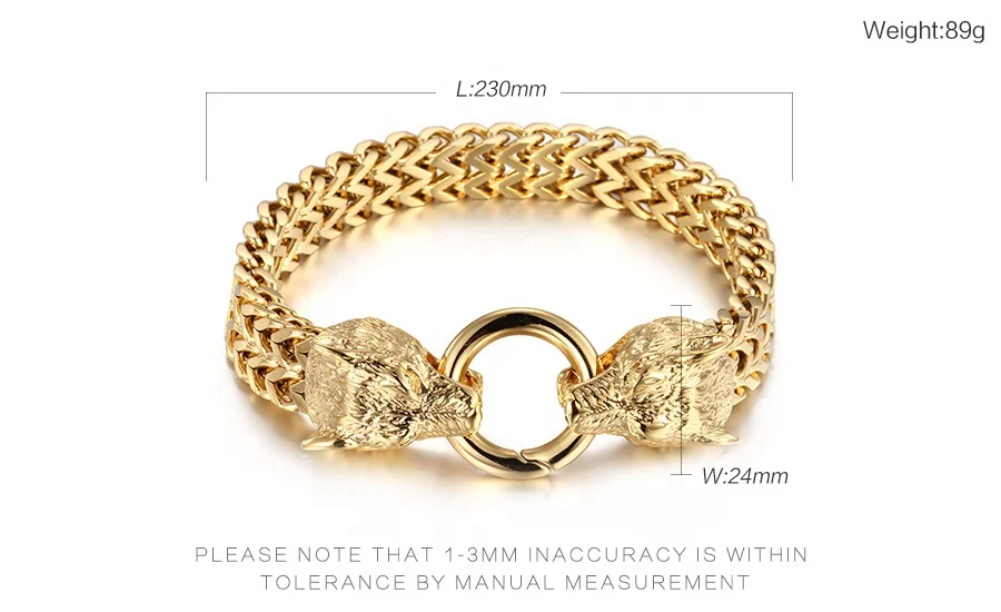Punk Style Goldr Color 316L Stainless Steel Lion Head Bracelet Chain Male Jewelry