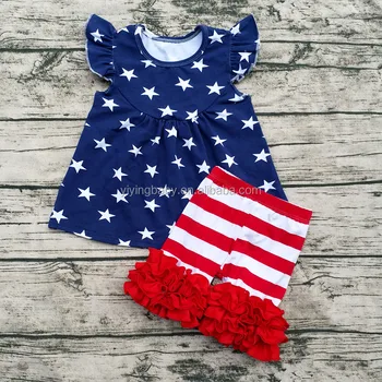 latest kids clothing cotton dresses red stripe Short Set boutique printed baby girls dress for fourth of july
