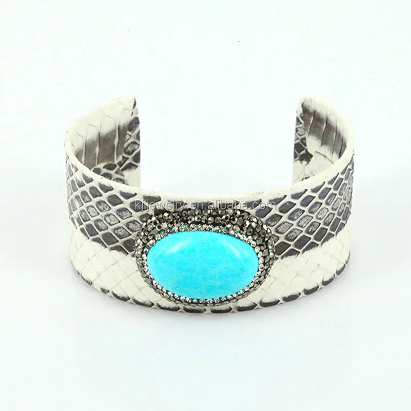 Bohemia Pave Rhinestone Green Turquoise Cuff Bracelet Bangle With Snake Python Skin Pattern Leather Open Bracelets for Women