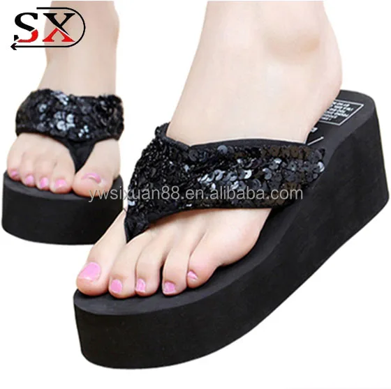 Girls shiny sequin high heel slipper thong shoes flip flop