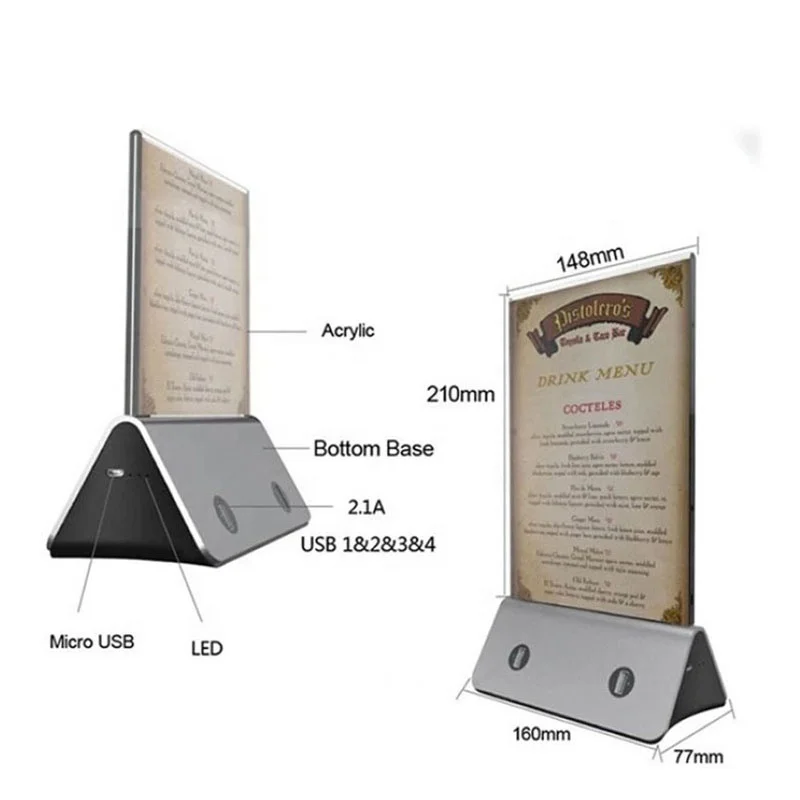 High Quality Menu Stand Charging Dock Table Tent Charger Restaurant Menu Power Bank