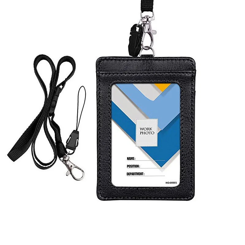 ID Badge Holder w/ Neck Lanyard Double Sided PU Leather Wallet Case Card Slots 