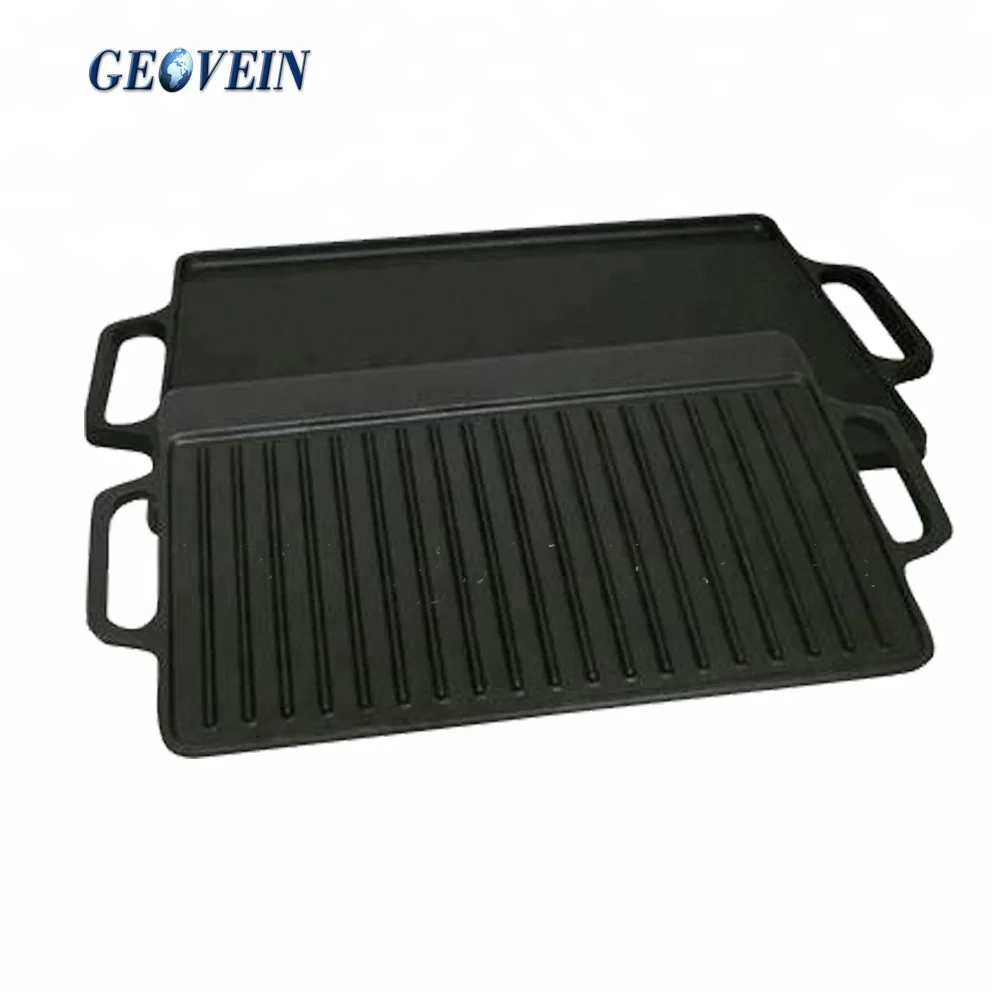 45cm Cast Iron Griddle Plate Fry Pan Grill BBQ Skillet Double Side  Reversible