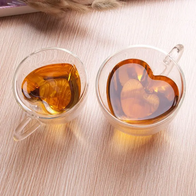 Heart shape shaped glass tea coffee tea cup teacup double wall double walled lovely tea set gift clear dragon fashionable gift