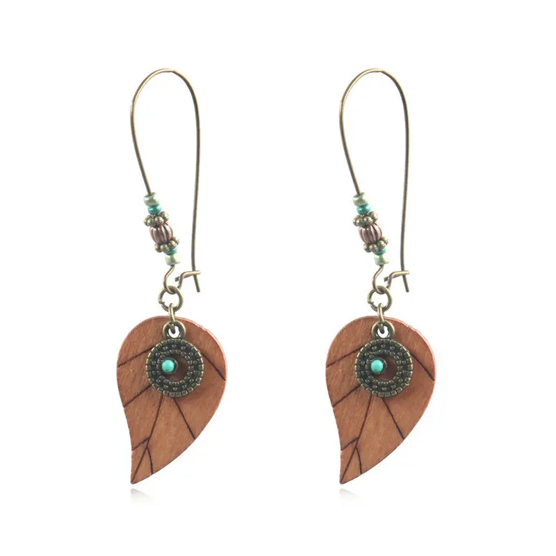 Dangle Earrings Boho Earrings Wooden Earrings Boho Wooden Leaf Earrings Leaf Earrings Beaded Dangle Earrings Wood Leaf Beaded Earrings