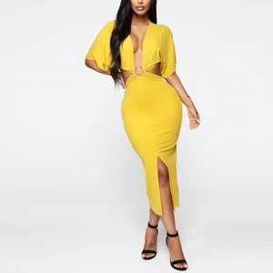New Fashion Sexy Stretch Short Sleeve  Cutout Slit Midi  Dress Ladies Party Dresses