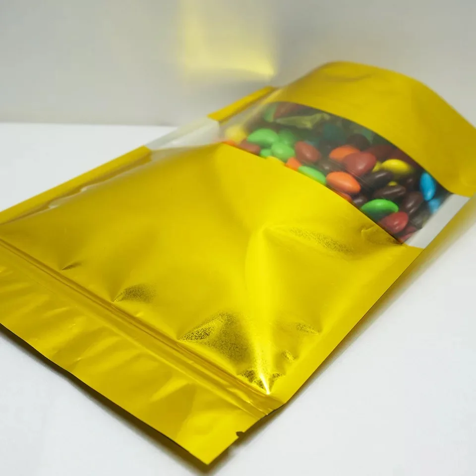 Zip Lock Stand up Mylar Bags Gold Aluminum Foil Packaging Bag With Clear Window