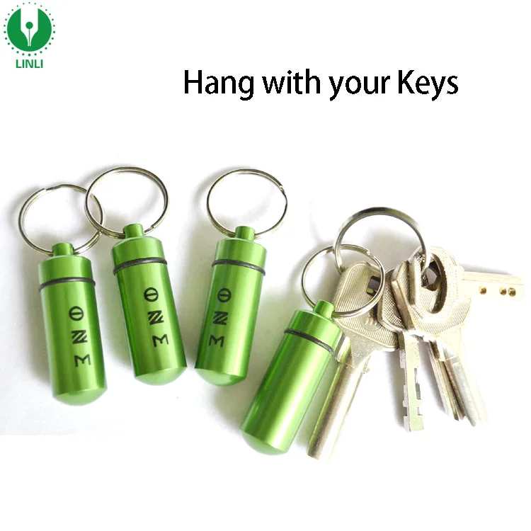 LINLI Custom Waterproof Metal Keychain Capsule Mini Pill Box Keychain Cash Stash Keyring Promotion